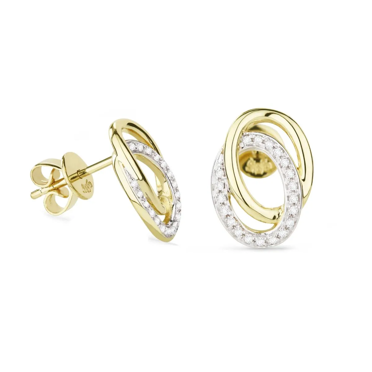 YELLOW GOLD AND DIAMOND INTERLOCKED CIRCLE STUD EARRINGS, .11 CT TW
